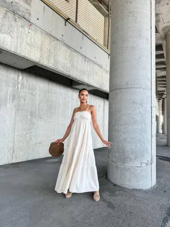 Dantelli Askılı Keten Elbise S4310