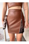 Dantelli Fermuarlı Deri Etek Kahve W24598
