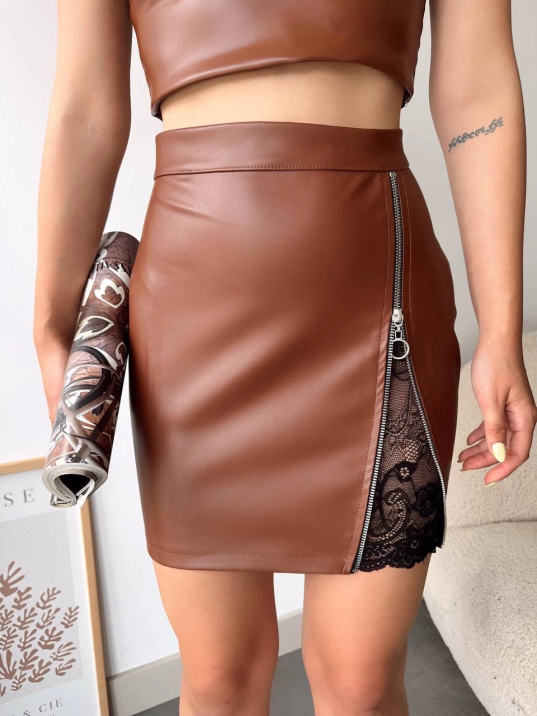 Dantelli fermuarlı deri etek kahve w24598 Dantelli fermuarlı deri etek kahve w24598