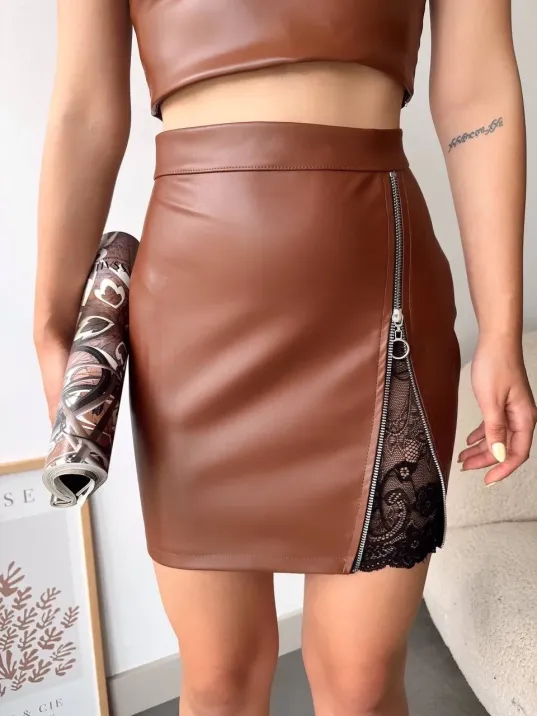 Dantelli Fermuarlı Deri Etek Kahve W24598