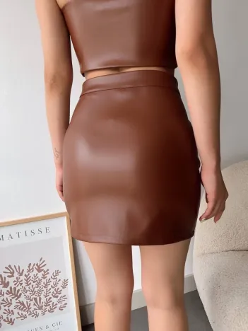 Dantelli Fermuarlı Deri Etek Kahve W24598