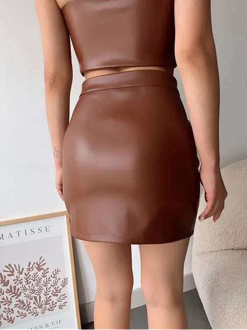Dantelli Fermuarlı Deri Etek Kahve W24598