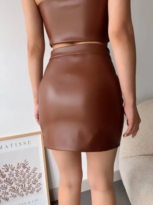 Dantelli Fermuarlı Deri Etek Kahve W24598