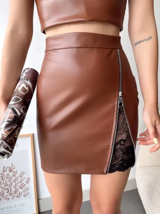 Dantelli Fermuarlı Deri Etek Kahve W24598