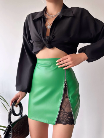 Dantelli fermuarlı deri etek yeşil w24598 Dantelli fermuarlı deri etek yeşil w24598