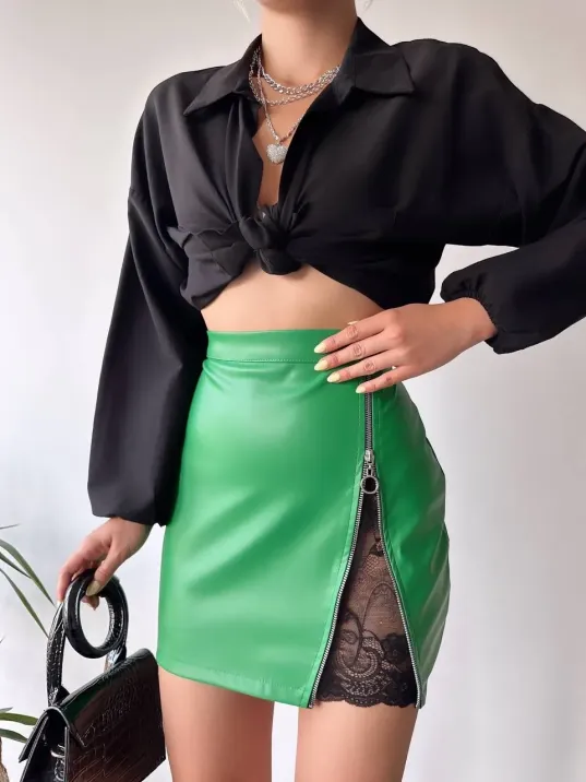 Dantelli Fermuarlı Deri Etek Yeşil W24598