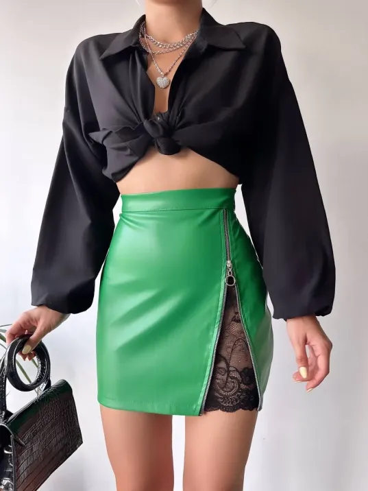 Dantelli Fermuarlı Deri Etek Yeşil W24598