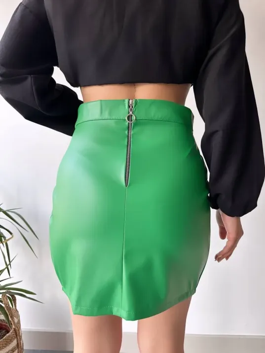 Dantelli Fermuarlı Deri Etek Yeşil W24598