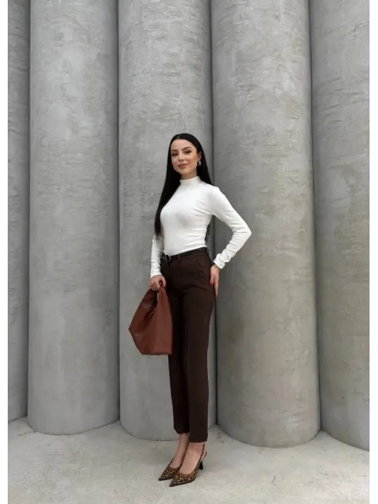 Dar Paça Kemerli Kumaş Pantolon Kahve Pt53