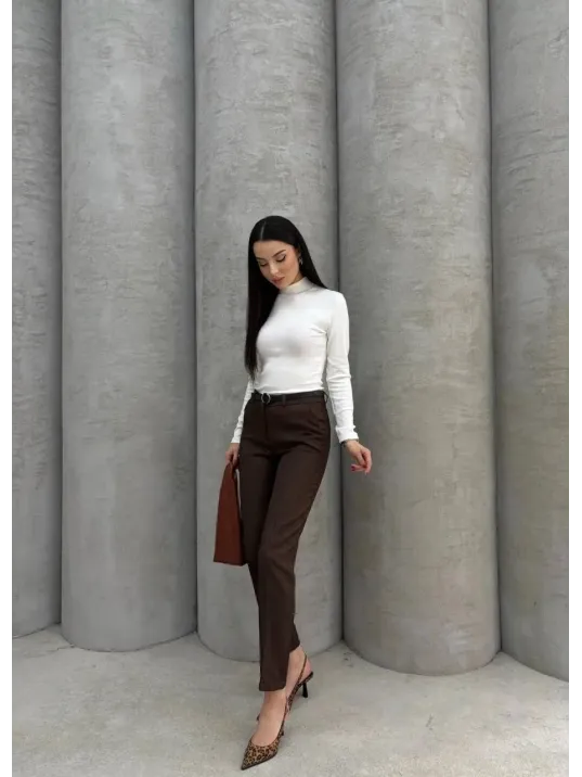 Dar Paça Kemerli Kumaş Pantolon Kahve Pt53