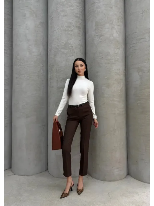 Dar Paça Kemerli Kumaş Pantolon Kahve Pt53 Dar Paça Kemerli Kumaş Pantolon Kahve Pt53