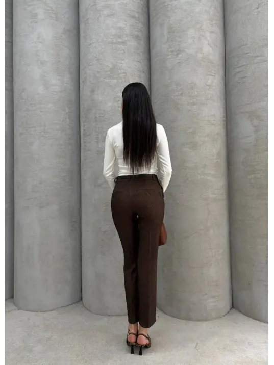 Dar Paça Kemerli Kumaş Pantolon Kahve Pt53
