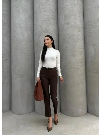 Dar Paça Kemerli Kumaş Pantolon Kahve Pt53 Dar Paça Kemerli Kumaş Pantolon Kahve Pt53