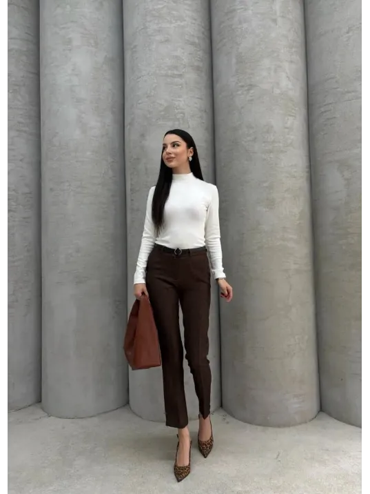 Dar Paça Kemerli Kumaş Pantolon Kahve Pt53