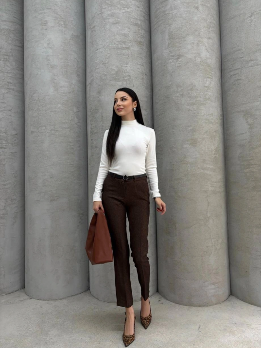 Dar Paça Kemerli Kumaş Pantolon Kahve Pt53 Dar Paça Kemerli Kumaş Pantolon Kahve Pt53