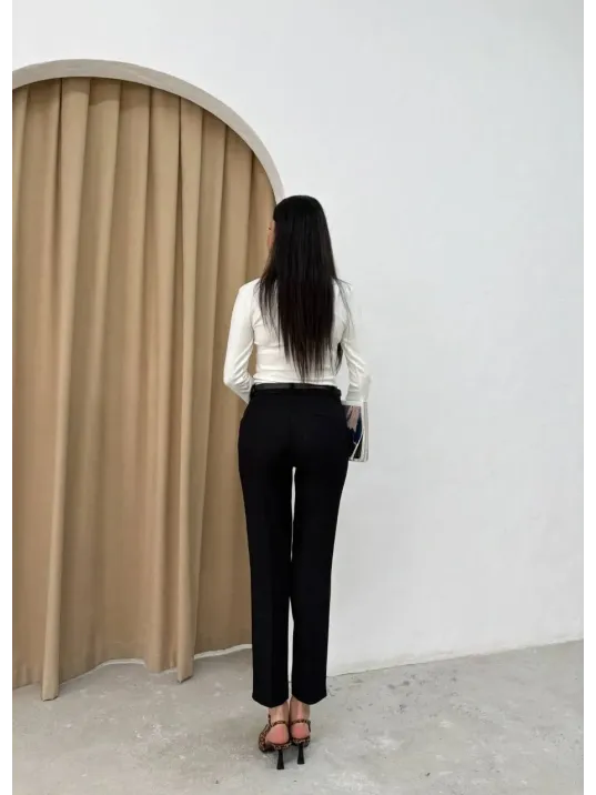 Dar Paça Kemerli Kumaş Pantolon Siyah Pt53