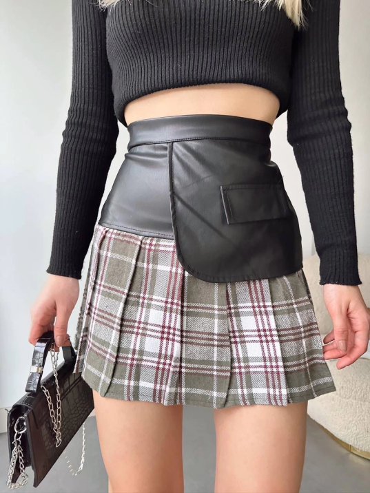 Deri garnili cepli ekose etek siyah s24604 Deri garnili cepli ekose etek siyah s24604