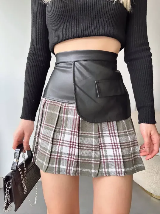 Deri Garnili Cepli Ekose Etek Siyah S24604