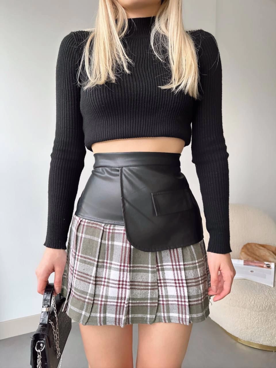 Deri garnili cepli ekose etek siyah s24604 Deri garnili cepli ekose etek siyah s24604