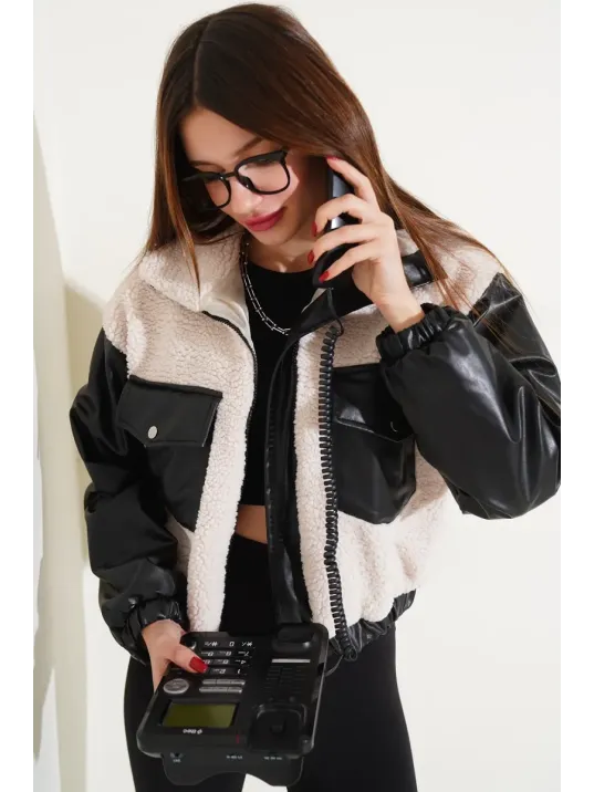 Deri Garnili Cepli Peluş Mont Siyah T1253