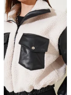 Deri Garnili Cepli Peluş Mont Siyah T1253