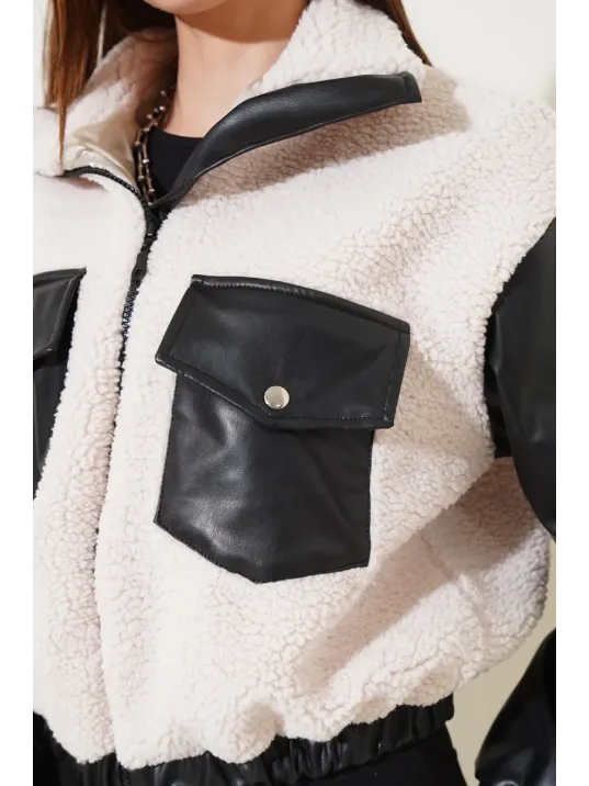 Deri Garnili Cepli Peluş Mont Siyah T1253