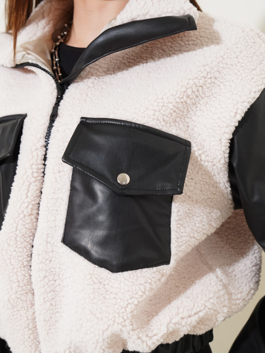 Deri garnili cepli peluş mont siyah t1253 Deri garnili cepli peluş mont siyah t1253