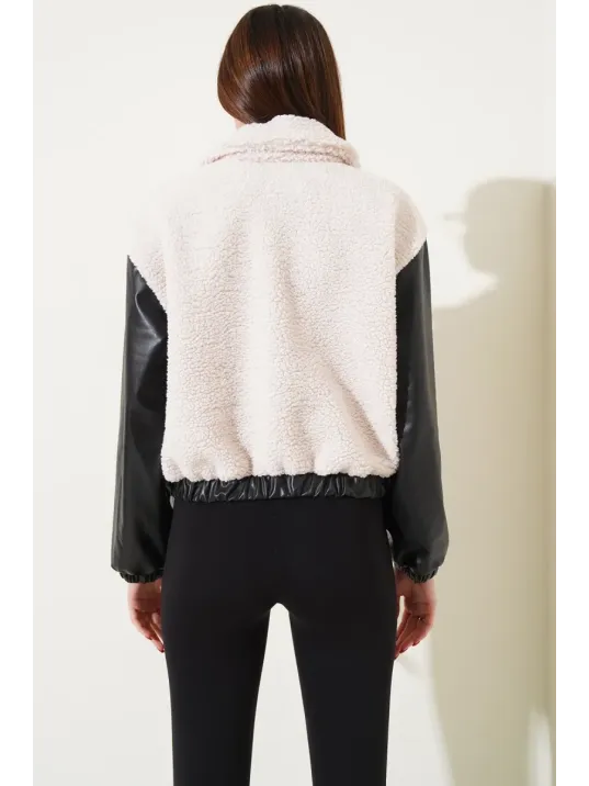 Deri Garnili Cepli Peluş Mont Siyah T1253