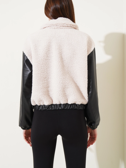 Deri garnili cepli peluş mont siyah t1253 Deri garnili cepli peluş mont siyah t1253