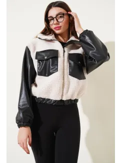 Deri Garnili Cepli Peluş Mont Siyah T1253