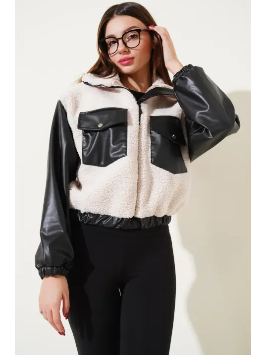 Deri Garnili Cepli Peluş Mont Siyah T1253 Deri Garnili Cepli Peluş Mont Siyah T1253