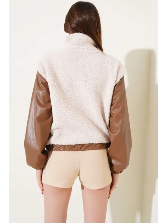 Deri Garnili Cepli Peluş Mont Taba T1253 Deri Garnili Cepli Peluş Mont Taba T1253