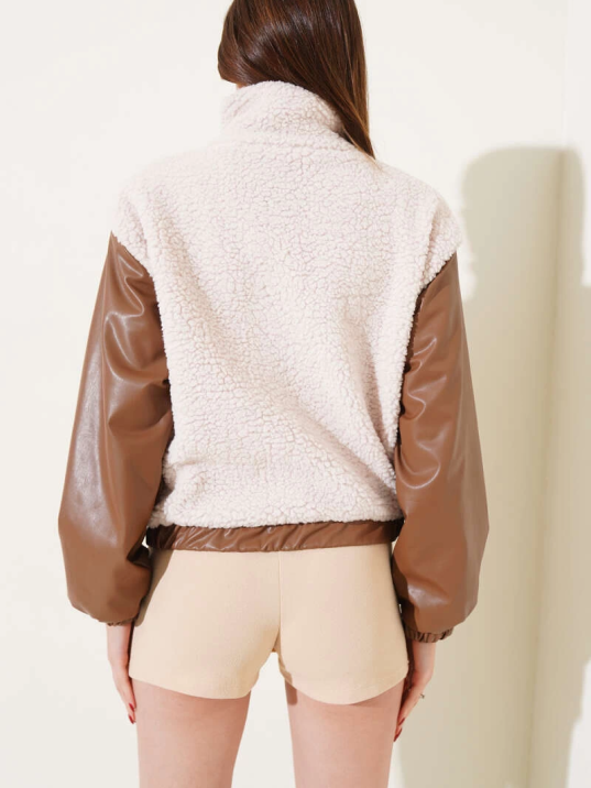 Deri garnili cepli peluş mont taba t1253 Deri garnili cepli peluş mont taba t1253