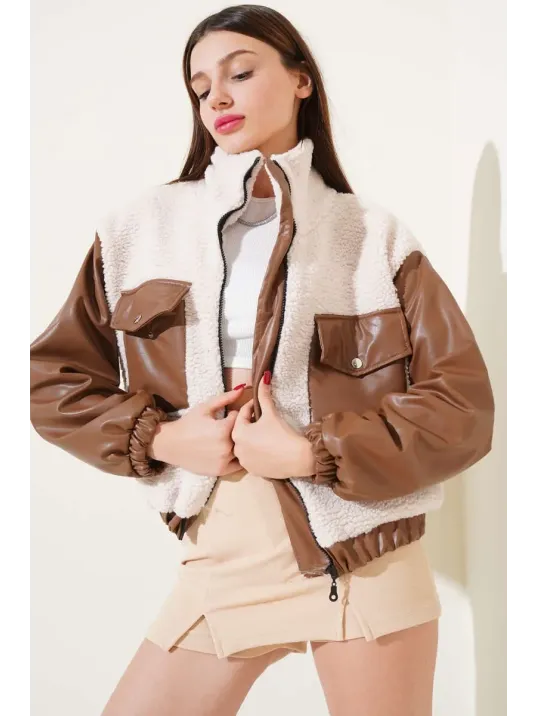 Deri Garnili Cepli Peluş Mont Taba T1253 Deri Garnili Cepli Peluş Mont Taba T1253