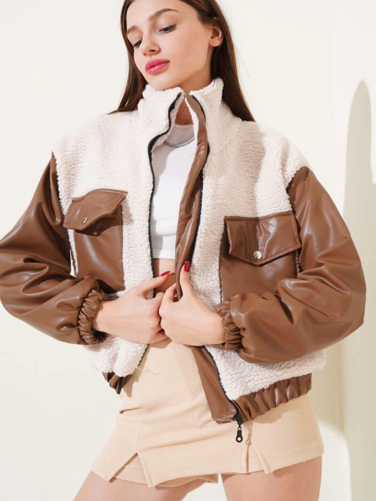 Deri garnili cepli peluş mont taba t1253 Deri garnili cepli peluş mont taba t1253