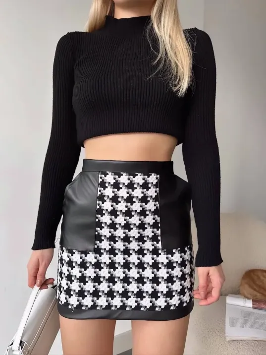 Deri Garnili Kaz Ayağı Kaşe Etek Siyah H24604