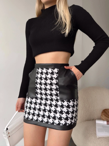 Deri Garnili Kaz Ayağı Kaşe Etek Siyah H24604