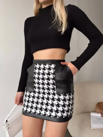 Deri Garnili Kaz Ayağı Kaşe Etek Siyah H24604