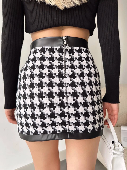 Deri Garnili Kaz Ayağı Kaşe Etek Siyah H24604 Deri Garnili Kaz Ayağı Kaşe Etek Siyah H24604