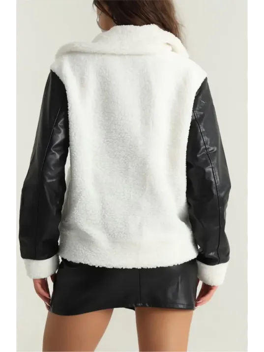 Deri Garnili Kuzu Peluş Mont Beyaz T1220