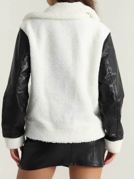 Deri garnili kuzu peluş mont beyaz t1220 Deri garnili kuzu peluş mont beyaz t1220