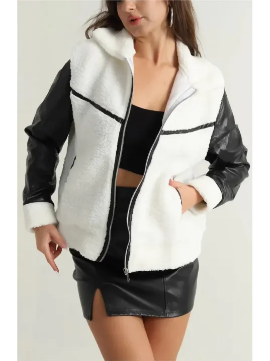 Deri Garnili Kuzu Peluş Mont Beyaz T1220