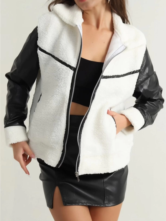 Deri garnili kuzu peluş mont beyaz t1220 Deri garnili kuzu peluş mont beyaz t1220