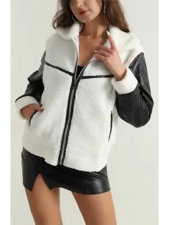 Deri Garnili Kuzu Peluş Mont Beyaz T1220