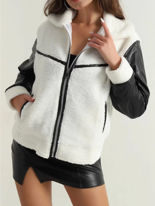 Deri garnili kuzu peluş mont beyaz t1220 Deri garnili kuzu peluş mont beyaz t1220