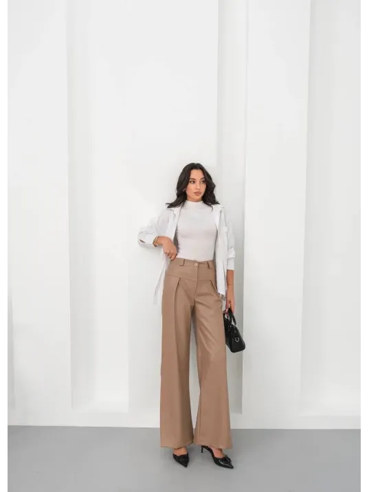 Deri Geniş Paça Beli Lastikli Pantolon Bej H263644