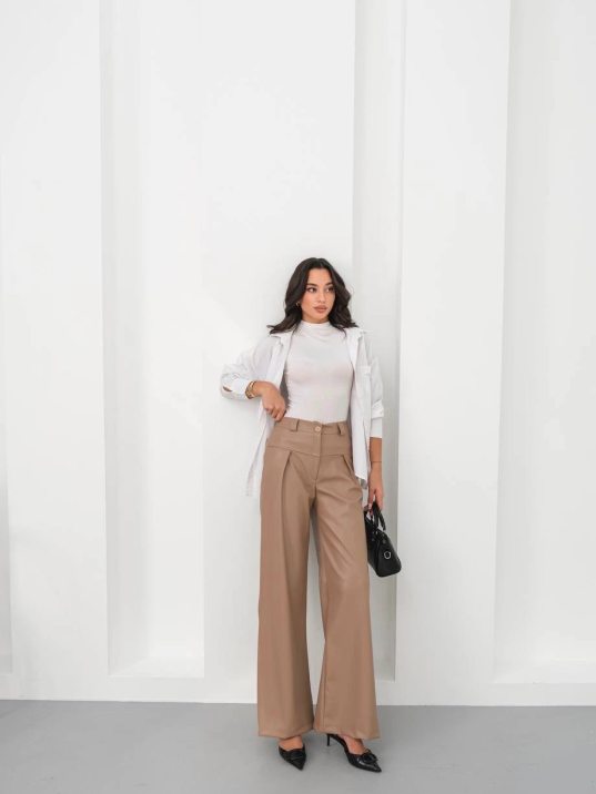 Deri Geniş Paça Beli Lastikli Pantolon Bej H263644