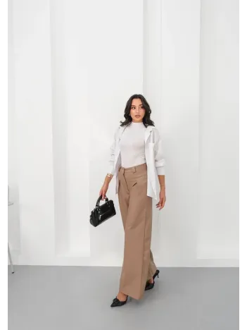 Deri Geniş Paça Beli Lastikli Pantolon Bej H263644 Deri Geniş Paça Beli Lastikli Pantolon Bej H263644