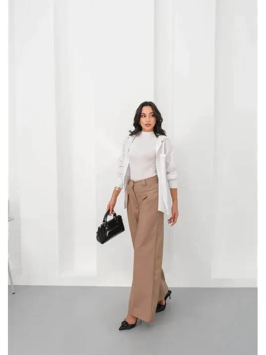 Deri Geniş Paça Beli Lastikli Pantolon Bej H263644