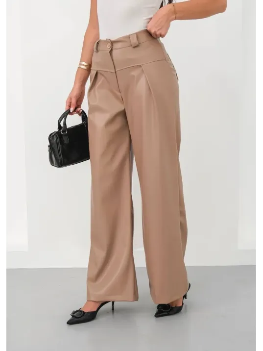 Deri Geniş Paça Beli Lastikli Pantolon Bej H263644